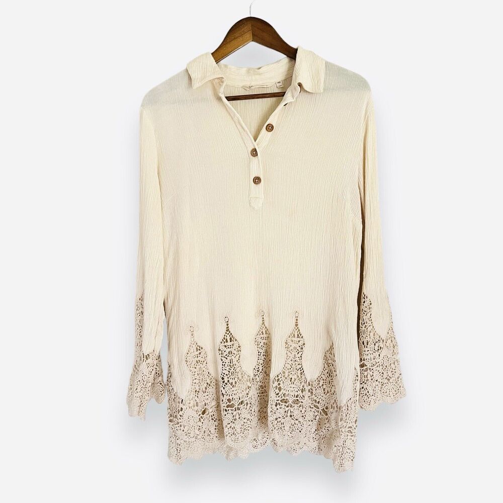 Soft Surroundings Jiada Tunic PXS Cream Gauze Lace 2-Pc Set w/ Cami Boho Peasant
